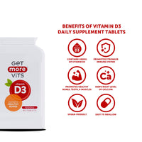 Get More Vits - Vitamin D3 Tablets (90 Tablets), 90 1,000IU Servings Per Bottle, Strengthens Bones, Teeth & Muscles, Promotes Calcium Absorption & Improves Immune System, Vegetarian, Food Supplement