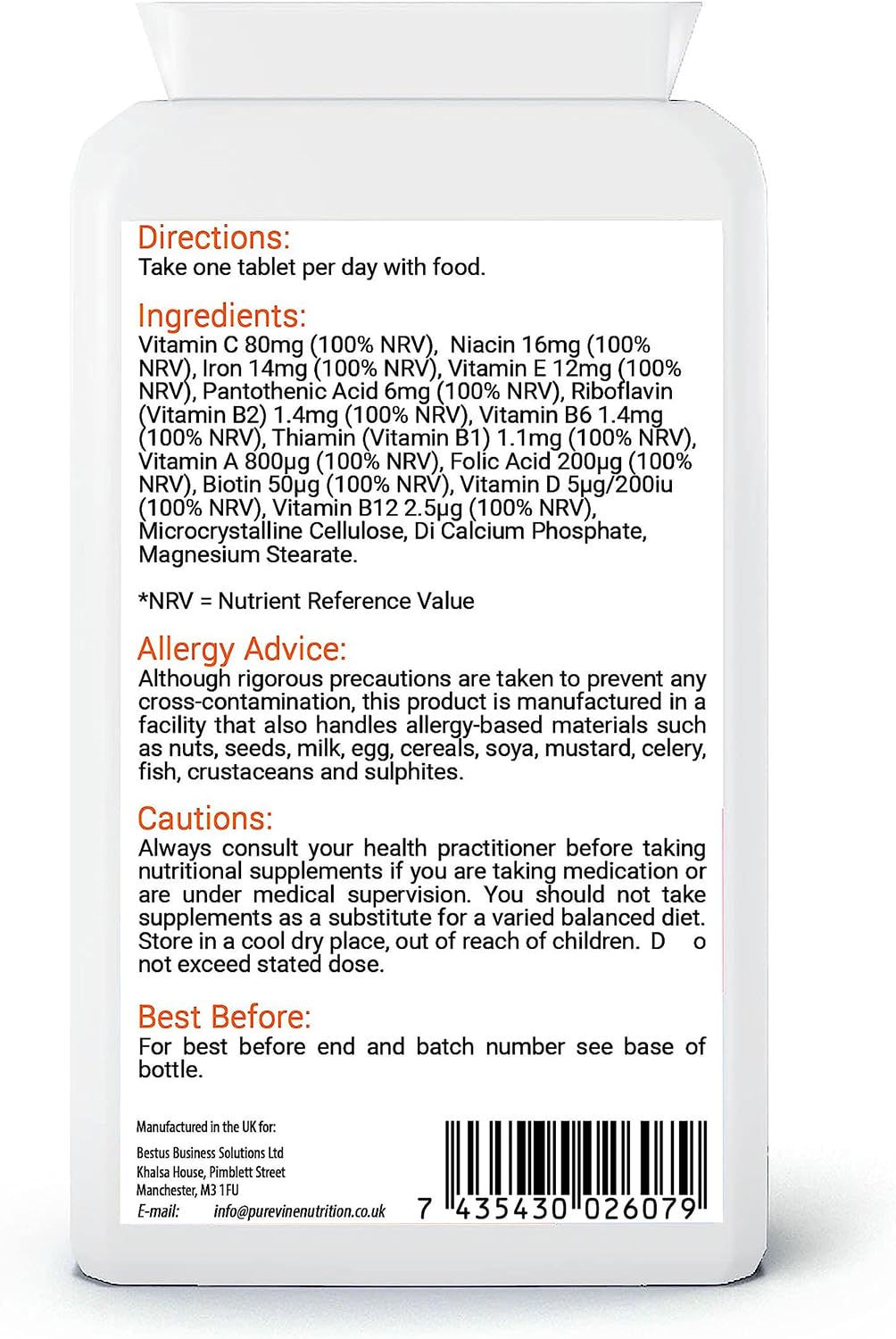 Purevine Nutrition Multi Vitamins with Iron Supplement - 180 Tablets - Daily One A Day Multivitamin with Vitamin C, B, A and D – Immune Support Suitable for Men and Women - UK Manufactured to GMP Standards