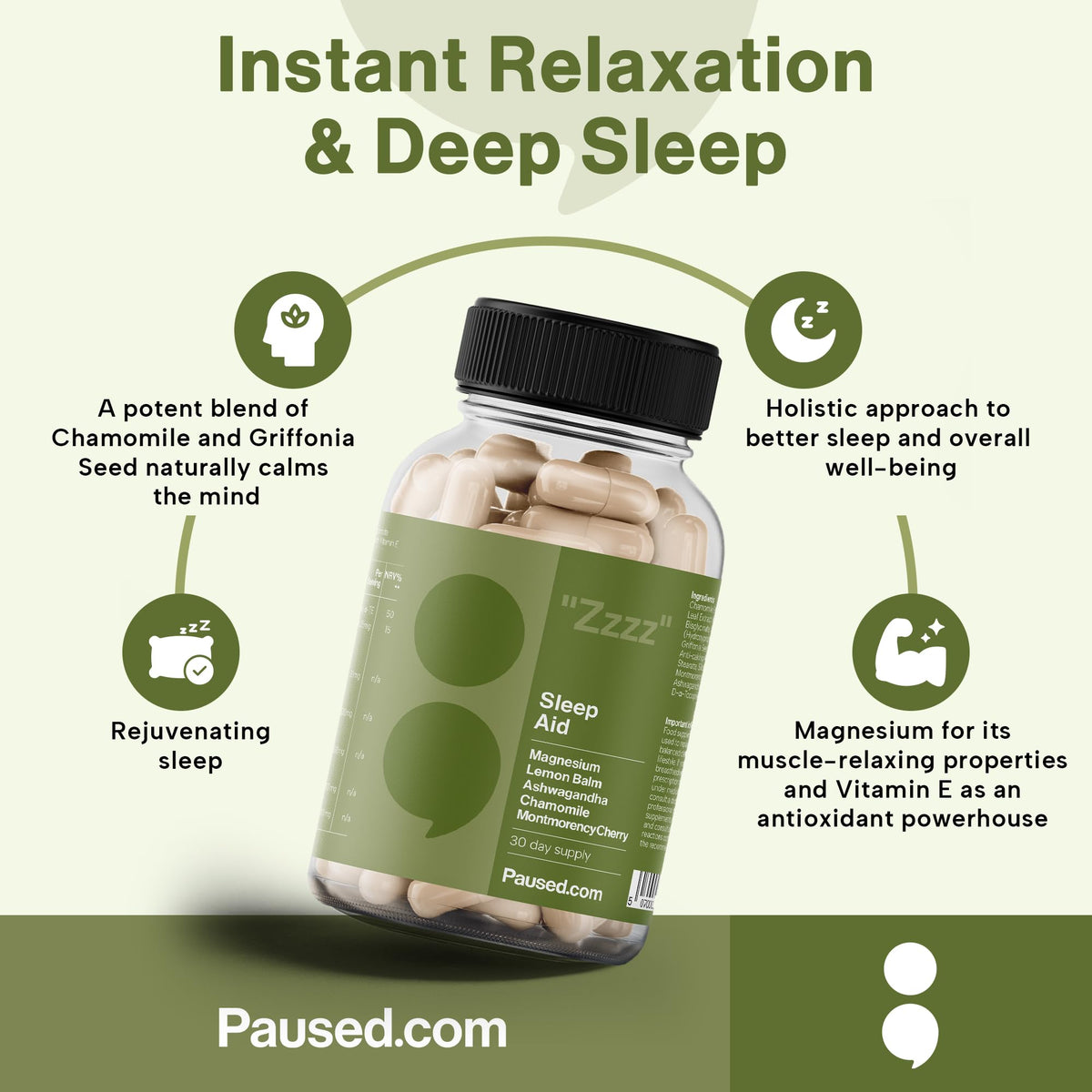 Paused Sleep Aid Supplement - 60 Capsules | 1 Month Supply Sleep Support with Magnesium, Chamomile & Ashwagandha for Natural, Fast & Quality Sleep | Vegan & Gluten-Free | UK
