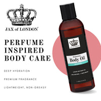 JAX OF LONDON Jax of London Perfume Inspired Body Oil 200ml – 100% Natural Ingredients – Vegan – Moisturising Oil for Skin Hair & Massage – Helps Improve Appearance of Stretch Marks – Inspired by Black Opium