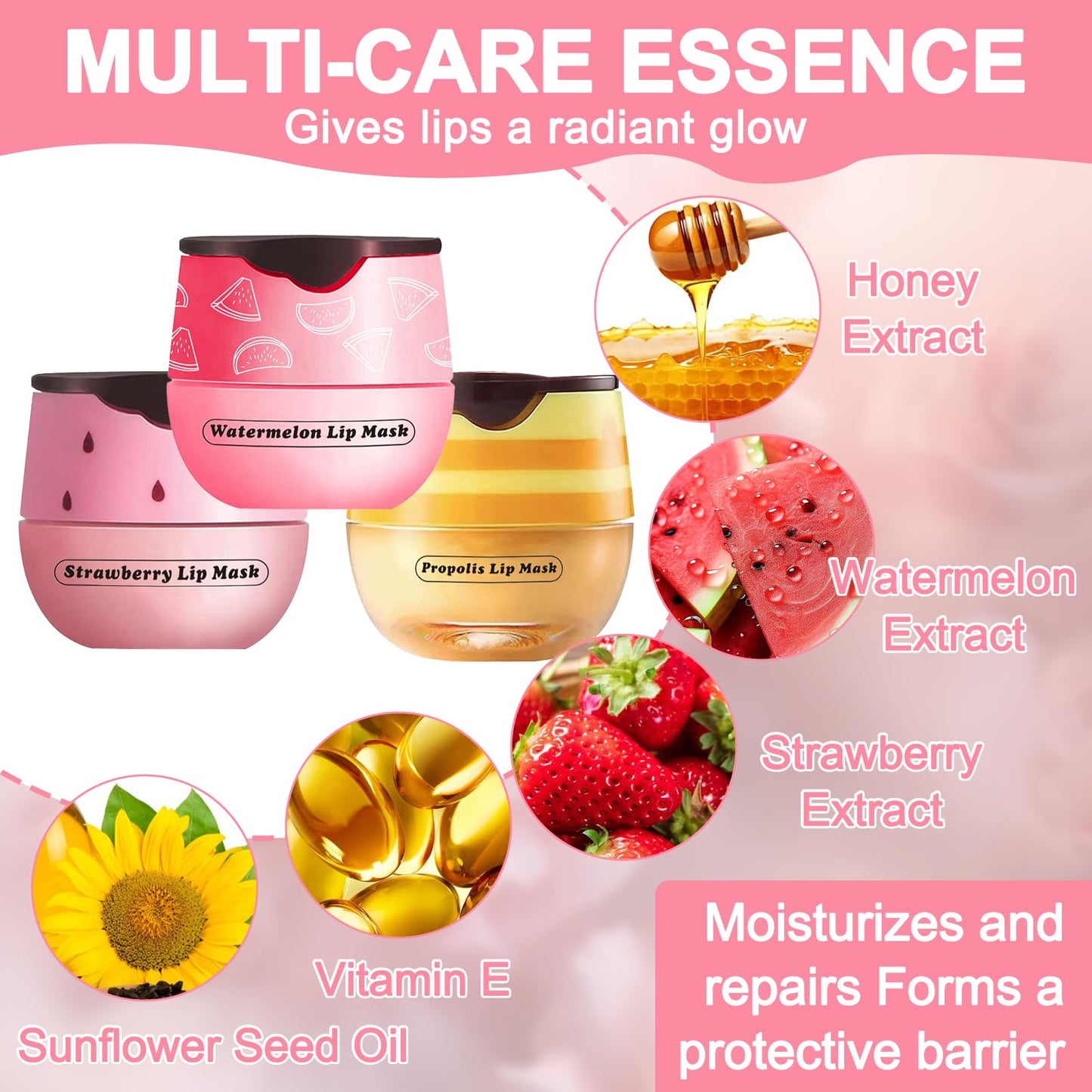 Anmahe 3Pcs Bee Lip Balm Honey Pot with Stick, Lip Mask Day And Night Repair and Care, Moisturizing Lip Sleeping Cream, Silky Hydrate Repair Prevent Dry Cracked Lip Exfoliator(Honey+Strawberry+Watermelon)