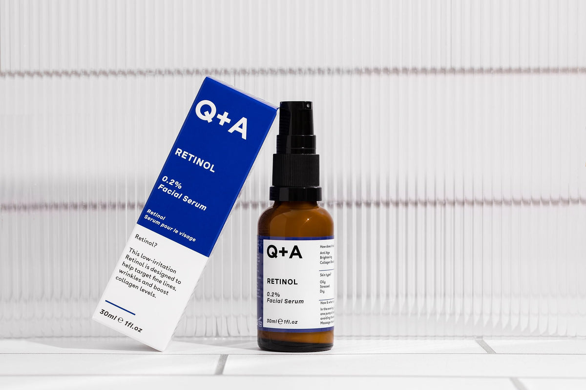 Q+A Retinol Facial Serum, with Bisabobol and Squalane to sooth the skin whilst delivering youth-boosting benefits, targets fine lines, renews uneven skin tone, and leaves skin feeling smooth, 30ml