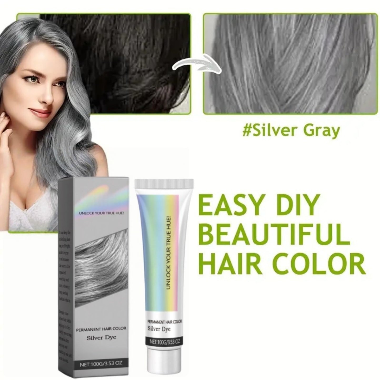 2PCS Metallic Silver Gray Hair Dye,2 In 1 Natural Essence Extract Silver Hair Dye,Silv/er Gray Natural Ha/ir Dye Cream,Perment Hair Color Silv/er Dye,Grey Semi-Permanent Hair Colour,Sil/ver Grey Colou