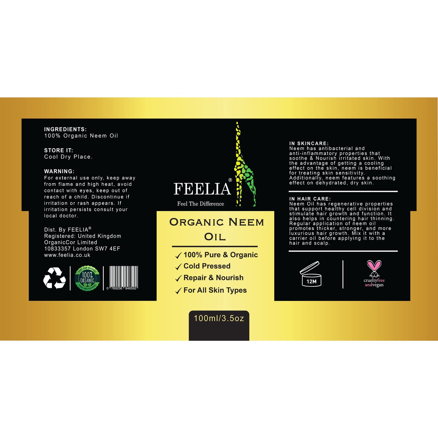 Feelia - Organic Neem Oil - Cold pressed, Rich in Vitamin E & Antioxidants, Repairs & Nourish, 100% Pure & Organic - 100ml