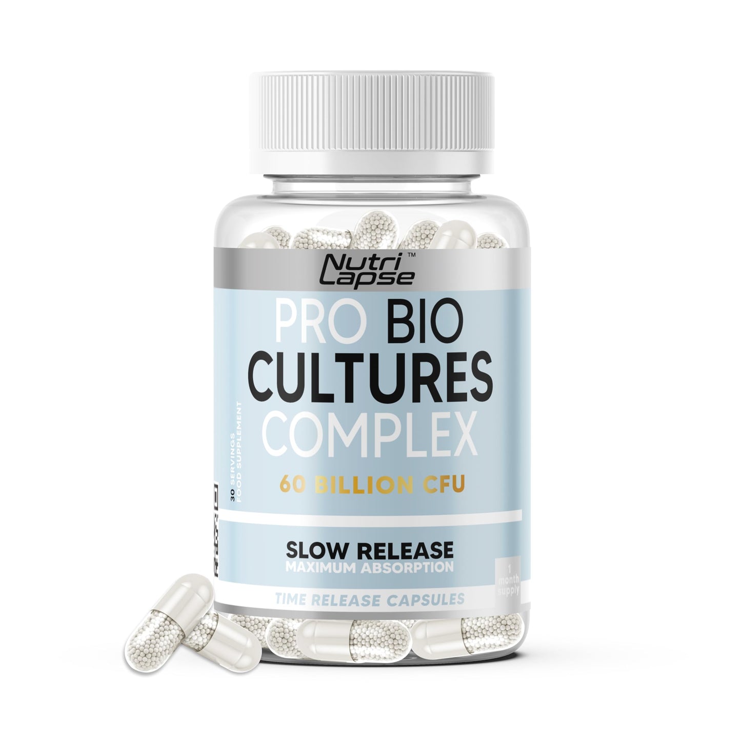 Nutri Lapse Bio Culture Probiotics Complex, 60 Billion CFU, Advanced Granular Biotechnology Capsules Slow-Release Maximum absorbtion for Gut Health.