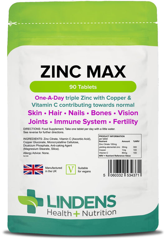 Lindens Zinc Max Tablets - 90 Pack - Provides 300% Nrv Dose and Fortified with Vitamin C & Copper to Contribute Towards Healthy Hair, Skin, Nails, Vision & Hormone Balance - UK Manufacturer, Letterbox Friendly