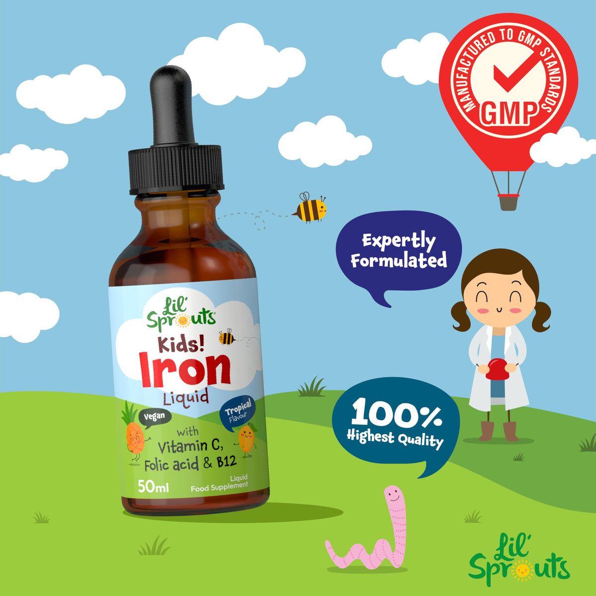 Carlyle Iron Drops for Kids | 50mL | with Vitamin C, B12, and Folic Acid | Tropical Flavoured Liquid Food Supplement | 10mg of Iron Per Serving | Vegan | by Lil' Sprouts
