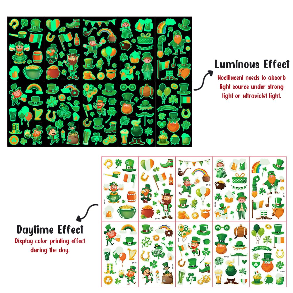 Boerni St.Patrick'S Day Temporary Tattoos,10 Sheets Luminous Shamrock Temporary Tattoo Glow in The Dark Stickers for Kids & Adults Irish St Patricks Day Decorations Accessories