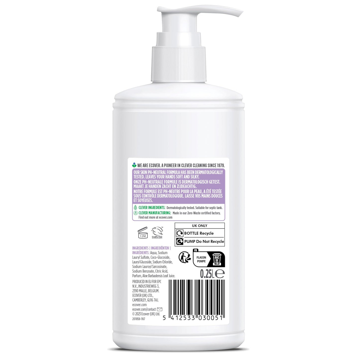 Ecover Hand Wash, Hand Soap, Gentle Hand Cleansing, Fresh Lavender & Aloe Scent, Pack of 1, 1 x 250ml