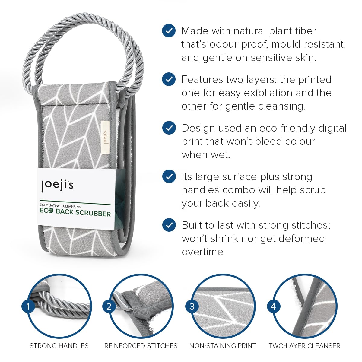 Joeji's Joejis Back Scrubber for Shower - Eco-Friendly Natural Plant Fibre Vegan Exfoliating Cleansing Loofah Strap - Double Side Bath Scrub Accessory with Handle