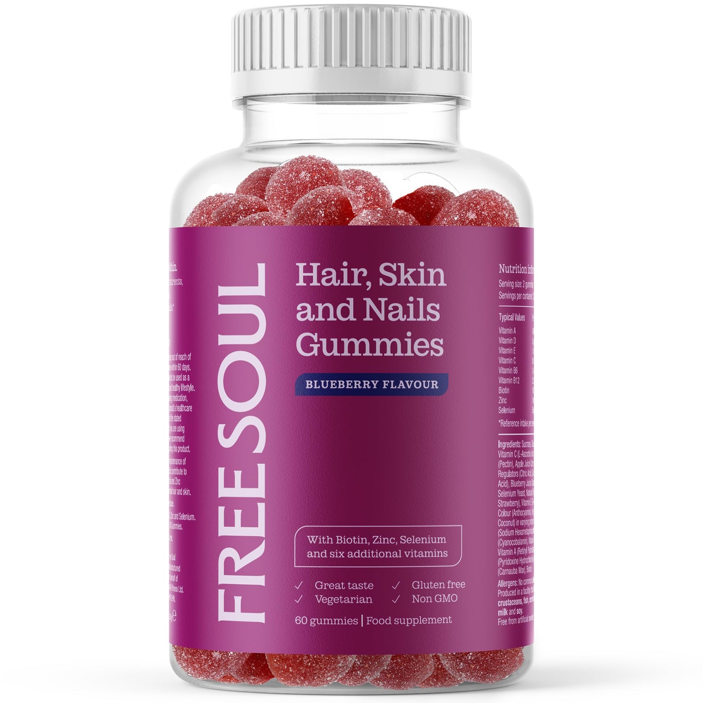 Free Soul Biotin Hair Supplement | Delicious Hair, Skin & Nails Gummies | Chewable Hair, Skin, and Nails Vitamins | Biotin with Vitamins B6, B12, Zinc, Selenium, E, A, C & D | 60 Gummies