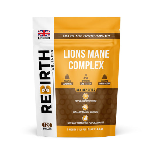 REBIRTH WELLNESS BE YOURSELF | ONLY BETTER Lions Mane Supplement - 2000 mg Lion's Mane (50% Polysaccharides), 2000 mg Ginkgo Biloba & 1000 mg Bacopa Monnieri - Nootropics Supplement - 120 Small Vegan Tablets - UK Made - 3rd Party Lab Tested