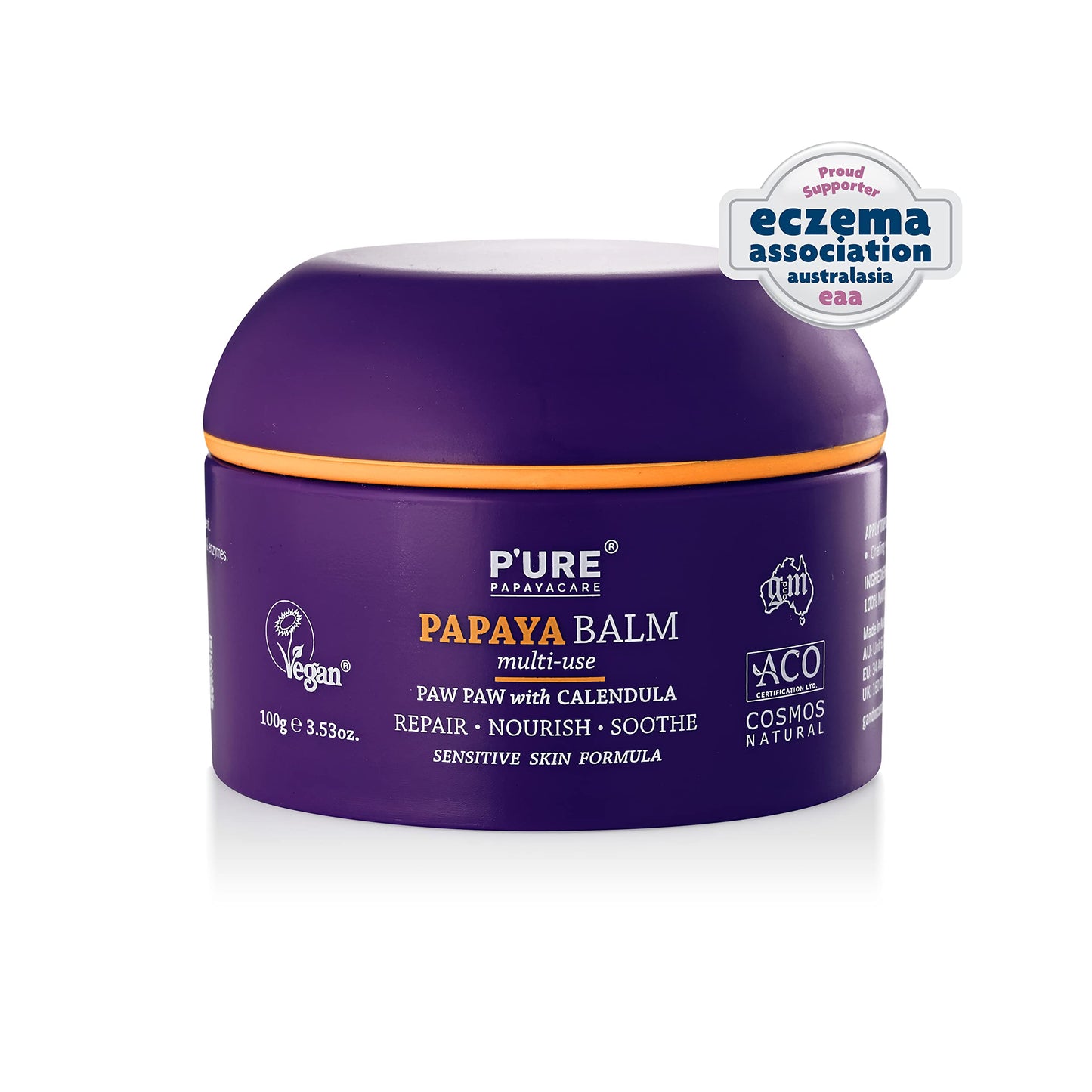 P'URE PAPAYA CARE Balm Multi-use 100g - VEGAN - Repairs Dry Skin, After Sun Treatment - Natural Ingredients with Shea Butter, Calendula, Jojoba Oils, Vitamin E & Papaya- Sensitive Skin Care Products