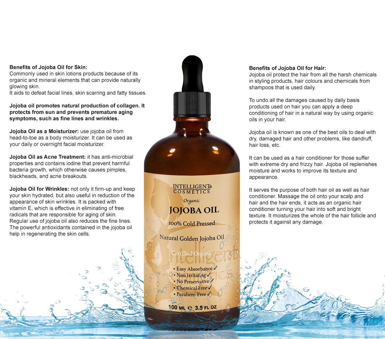 intelligent cosmetics Rosehip Oil & Jojoba Oil 100% Cold Pressed Pure Certified Organic Oil 100ml in Each Bottle, Natural Vitamin E, Vitamin C, for Face, Hair, Nails, Body