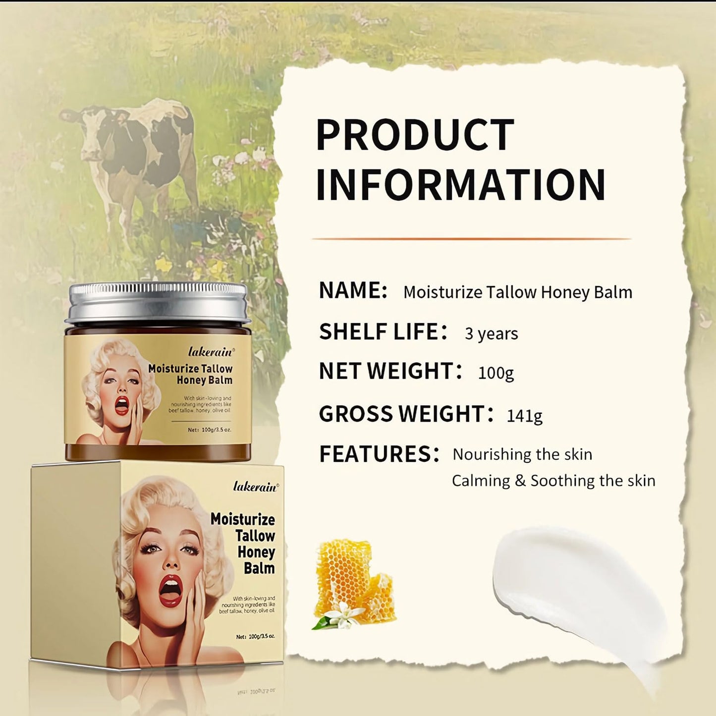 mercham Beef Tallow Skin Care, Beef Tallow Honey Balm, Beef Tallow Moisturiser for Face & Body, Deeply Nourishing, Organic Tallow Face Cream for Dry Skin (100g)