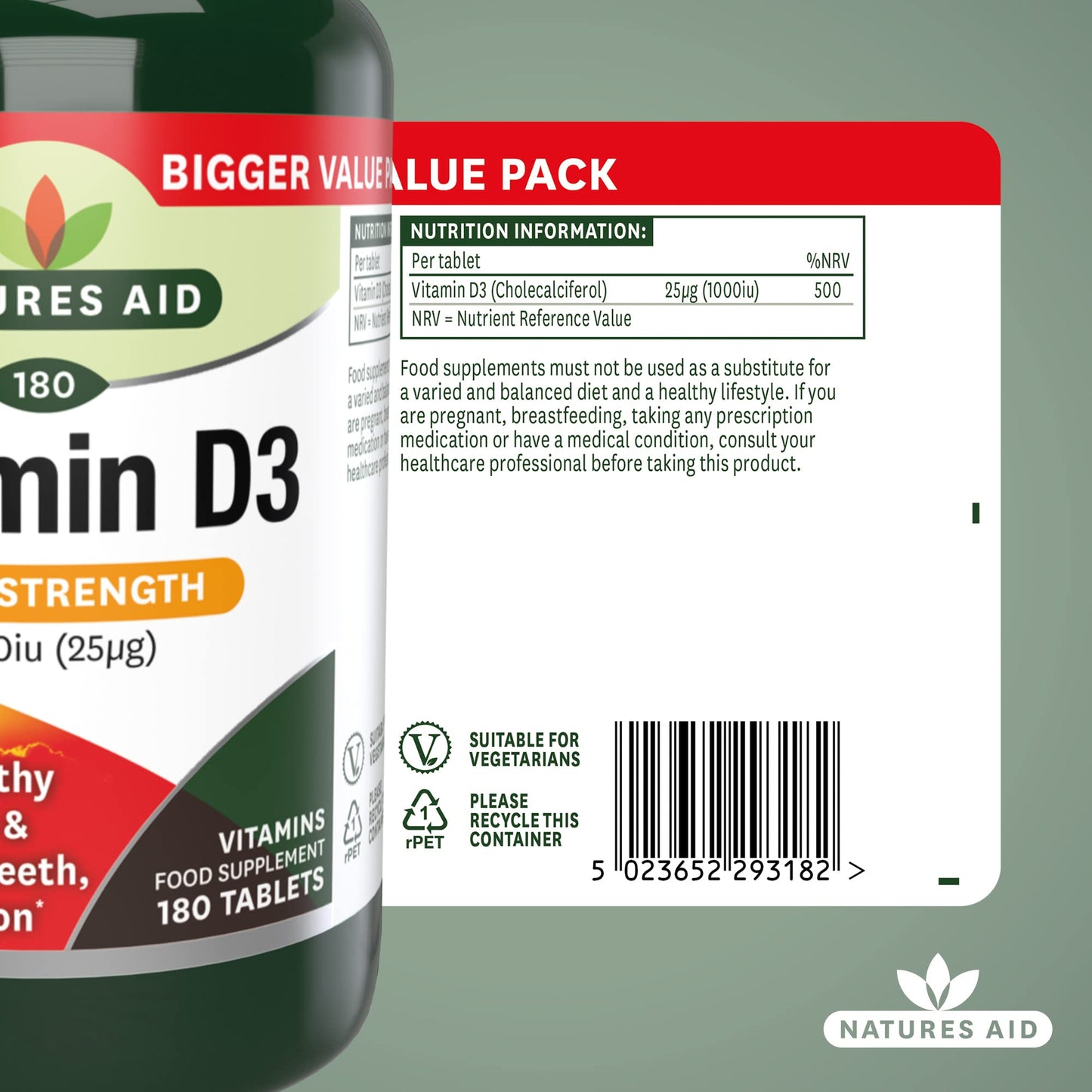Natures Aid Vitamin D3 1000iu – High Strength Supplement for Bone, Muscle & Immune Support – Vegan, Non-GMO, Gluten-Free – Essential Nutrient – 180 Tablets