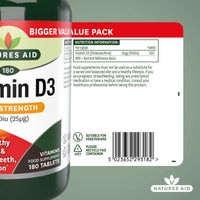Natures Aid Vitamin D3 1000iu – High Strength Supplement for Bone, Muscle & Immune Support – Vegan, Non-GMO, Gluten-Free – Essential Nutrient – 180 Tablets