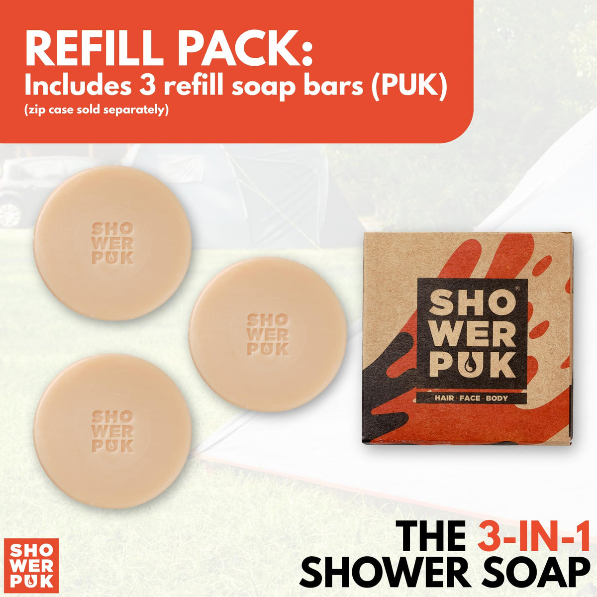 Shower PUK All-in-One Bar: Natural Shampoo, Body Wash & Face Soap with Shea Butter, Argan Oil & Long-Lasting Citrus Scent - Eco-Friendly, Plastic-Free, Vegan - 3 Pack Refill