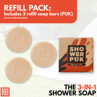Shower PUK All-in-One Bar: Natural Shampoo, Body Wash & Face Soap with Shea Butter, Argan Oil & Long-Lasting Citrus Scent - Eco-Friendly, Plastic-Free, Vegan - 3 Pack Refill