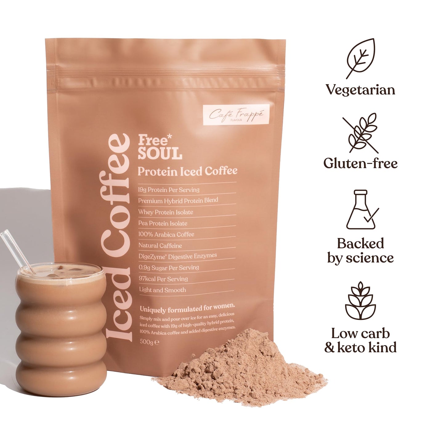 Protein Iced Coffee | 19g Protein & 80mg Caffeine per Serving | Only 97Kcal | Low Calorie + High Protein | Whey Protein & Pea Protein Isolate Blend + Digestive Enzymes | Café Frappé | Free Soul