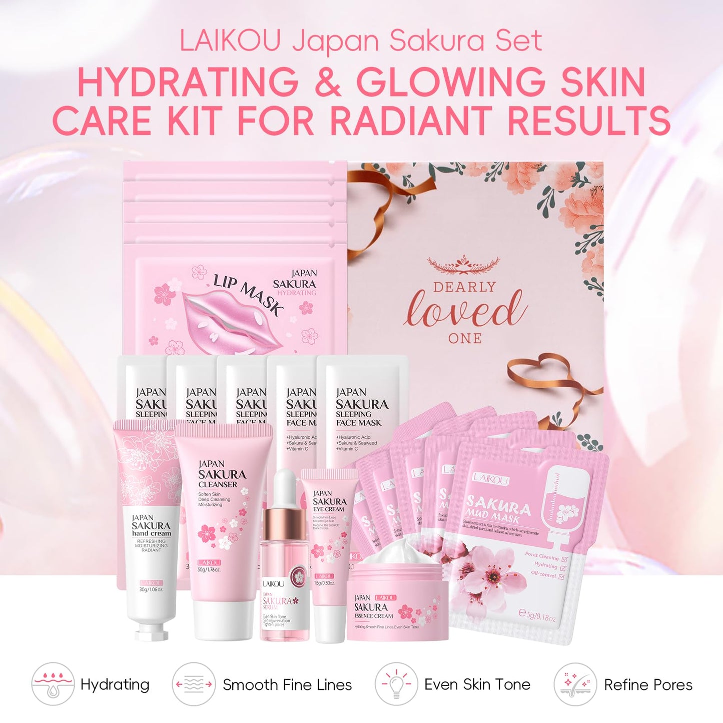 LAIKOU Sakura Skincare Set, 20PCS Face Care Kit, Cleanser, Serum, Eye, Moisturiser, Eye & Hand Cream, Sleeping & Mud Mask, Hydrating Travel-Friendly Pamper Gifts Set for Women Teen Girls