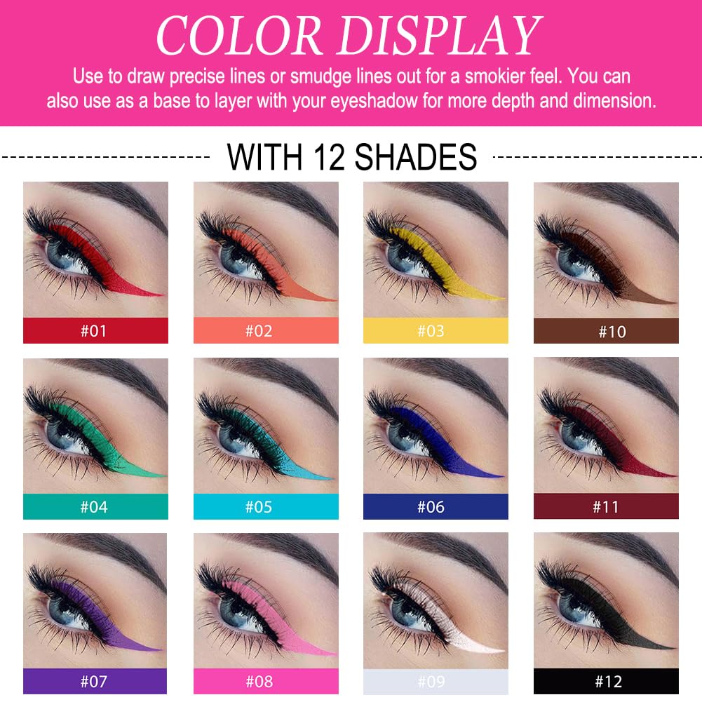 LOPHE 12 Coloured Liquid Eyeliner Set, Rainbow Colorful Eyeliner Pencil, Matte Eyeliner Pencil, Long-lasting & Waterproof, Smudge-Proof Eye Liners, Suitable for Christmas And Masquerade Makeup