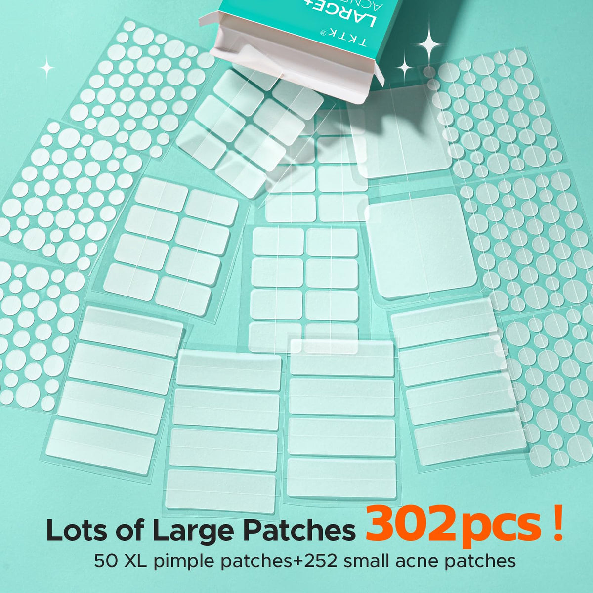 TKTK Large Pimple Patches for Face & Body Zit Breakouts, 7 Sizes 302 Count