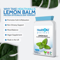 Health4All Lemon Balm 450mg 60 Capsules, Melissa for Anxiety & Stress During The Day, Purest Supplement, Additives Free | Vegan Capsules (not Tablets) Made in UK