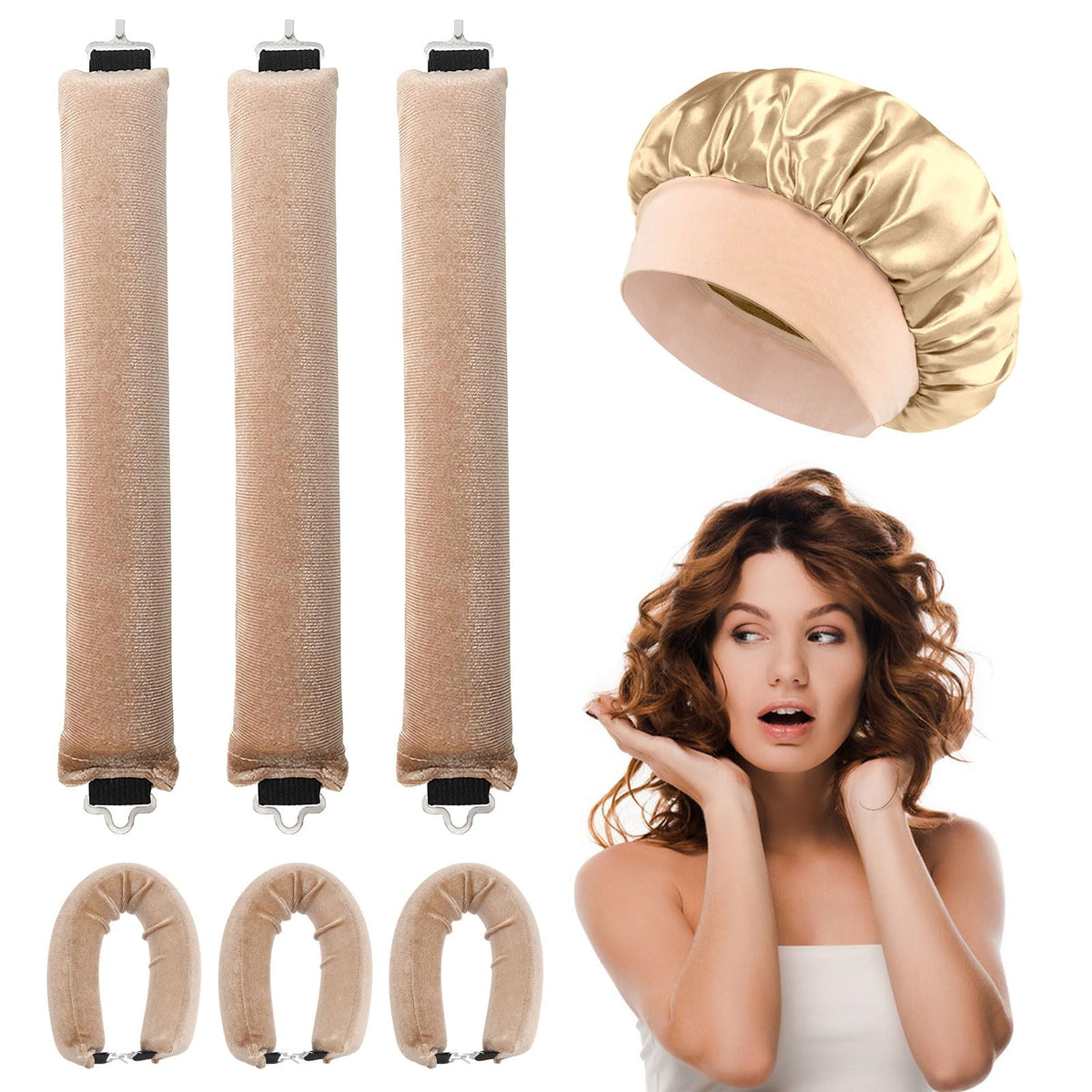 WALLFID 3Pcs Overnight No Heat Hair Curls,with Square Head Scarf for Women,Jumbo Flexi Rods for Long Hair,Heatless Curling Set for Hair Wrapping and Sleeping at Night (Bonnet,Champagne)
