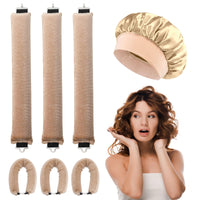WALLFID 3Pcs Overnight No Heat Hair Curls,with Square Head Scarf for Women,Jumbo Flexi Rods for Long Hair,Heatless Curling Set for Hair Wrapping and Sleeping at Night (Bonnet,Champagne)
