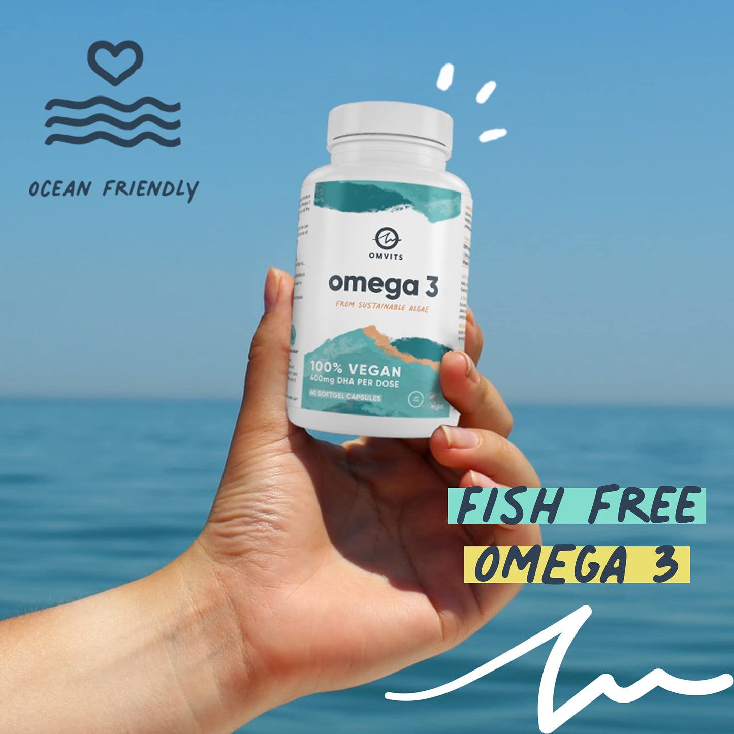 Omvits Vegan Omega 3 DHA from Algae Oil 1000mg - 60 Softgel Capsules with Vitamin E - Sustainable Algal Alternative to Fish Oil - Vegetarian Essential Fatty Acids - Supports Heart, Brain & Eyes