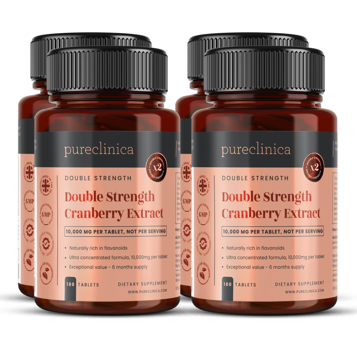 Pureclinica Double Strength Cranberry Extract 10,000mg x 180 Ultra Concentrated Tablets x 720 Tablets (4 Bottles of 180) – 2 Year Supply