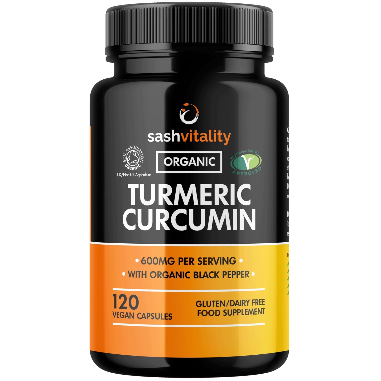 SASH Vitality Organic Turmeric Curcumin 600mg Serving with Organic Black Pepper | 120 Vegan Capsules | High Potency Antioxidant & Absorption | Certified Organic Supplement – UK Made Sash Vitality
