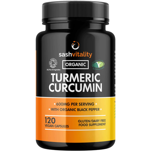 SASH Vitality Organic Turmeric Curcumin 600mg Serving with Organic Black Pepper | 120 Vegan Capsules | High Potency Antioxidant & Absorption | Certified Organic Supplement – UK Made Sash Vitality