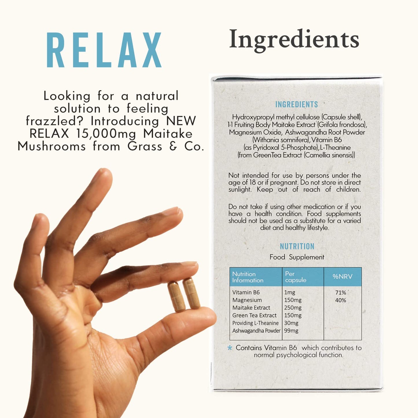 Grass & Co. Relax - 15,000mg Maitake Mushrooms with Ashwagandha | Anti-inflammatory & Immune Support Supplement | Non-GMO, Gluten-Free & Additive Free | 60 Vegan Capsules | 30 Days