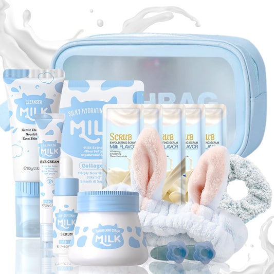 Cureluxe Milk Beauty Gift Sets for Teenage Girls - Milk Skin Care Sets & Kits - Facial Kits for Women with Cleanser,Serum,Cream,Eye Cream,Mask,Scrub,4pcs hair Accessories - Hydrating,Nourish (15pcs)