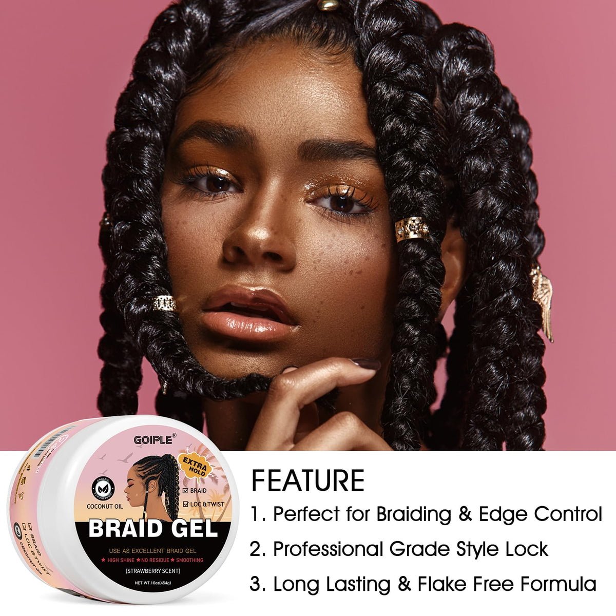 WOZUTUNT Large Capacity Family Pack Smoothing Braiding Gel for Twist, Locs, Braids, Edge Control, Cornrows - Strong Hold, No Flake, Anti-Frizz, Easy to Use Hair Gel Women (16 OZ Strawberry Flavor)