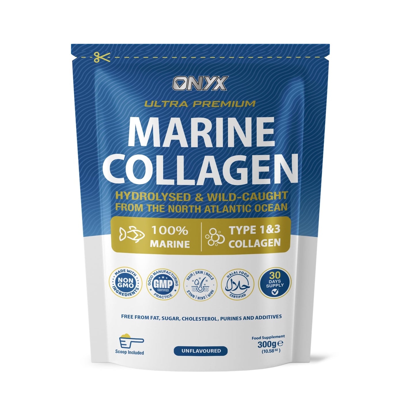 Onyx Marine Collagen Powder 10000mg (Type I & III) | Wild-Caught Arctic Cod | Collagen Supplements for Women & Men | Skin, Hair, Muscles, Joints, Bones (300 Grams [30 Servings])
