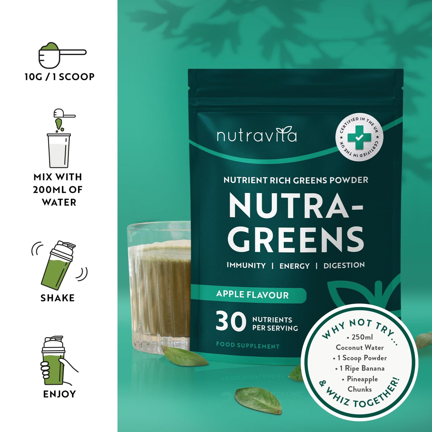Nutravita Super Greens Powder - 23 Advanced Vegan Ingredients - Greens, Vitamins and Superfoods - Probiotic Blend for Gut Health - UK Made - 30 Servings (Apple Flavour)