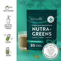 Nutravita Super Greens Powder - 23 Advanced Vegan Ingredients - Greens, Vitamins and Superfoods - Probiotic Blend for Gut Health - UK Made - 30 Servings (Apple Flavour)
