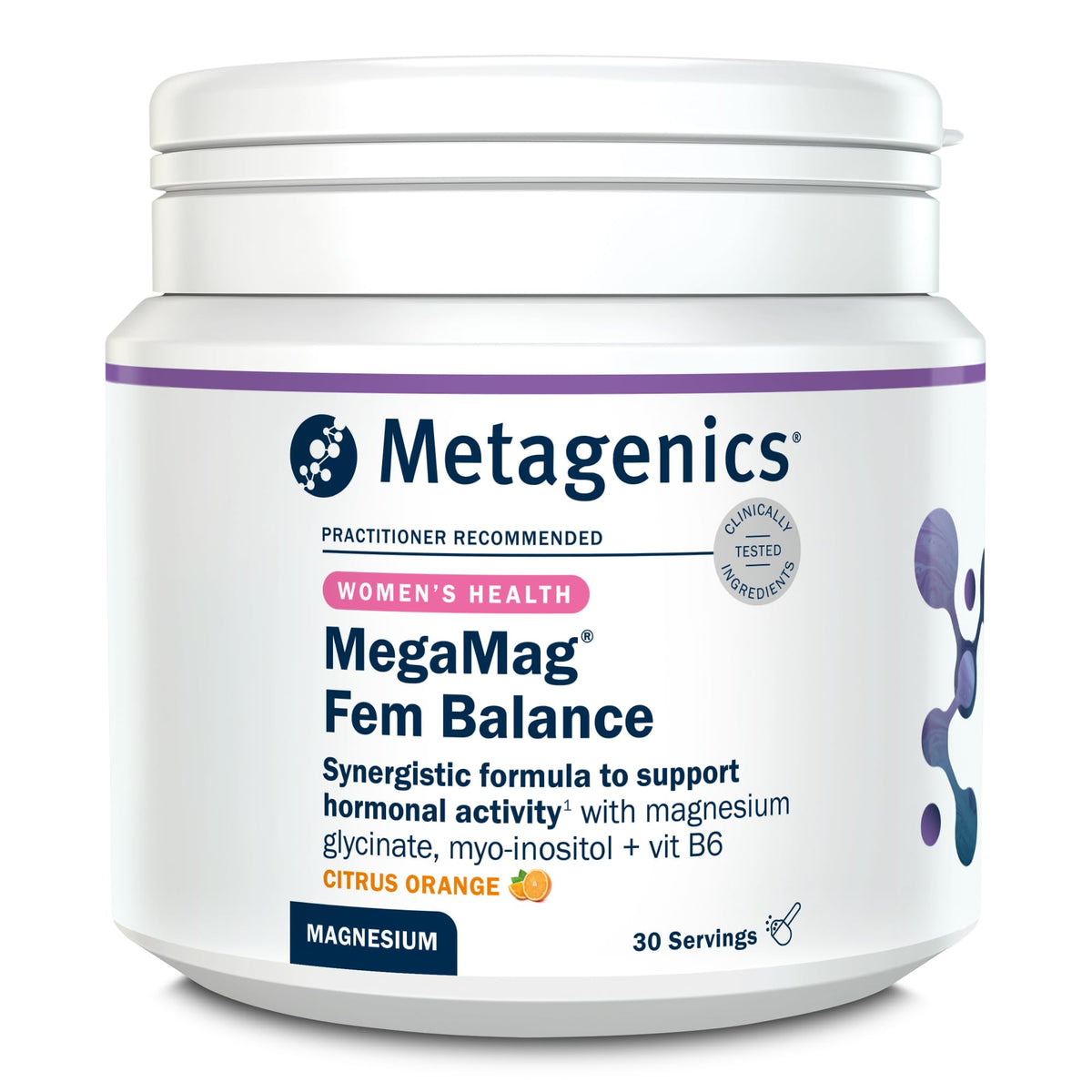 Metagenics - MegaMag Fem Balance Magnesium Glycinate Powder - with Vitamin B6, Calcium and Vitamin C - Female Health & Hormone Regulation - Citrus Orange, 30 Servings