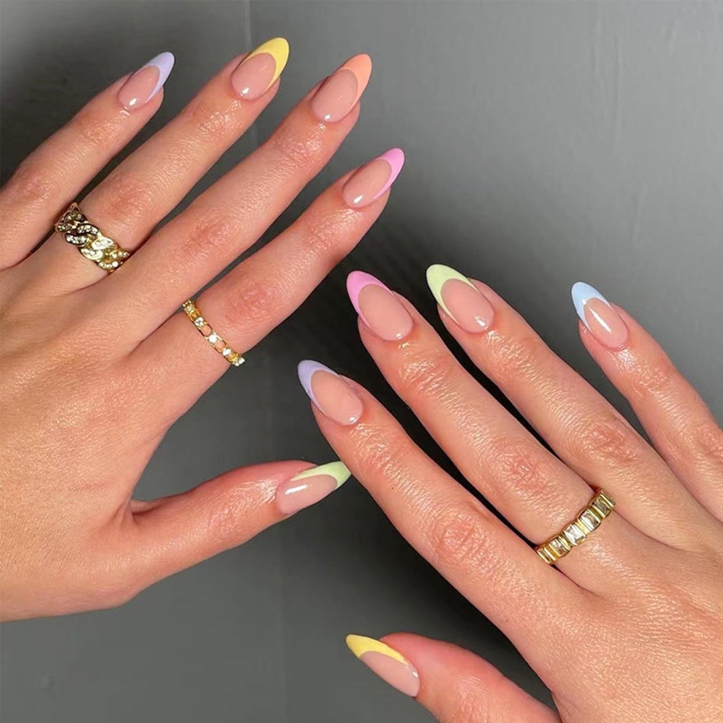 NLFOX Press On Nails Short - French Tip False Nails Almond - 24PCS Rainbow French Summer Fake Nail in 12 Sizes - Reusable Stick on Nails for Women