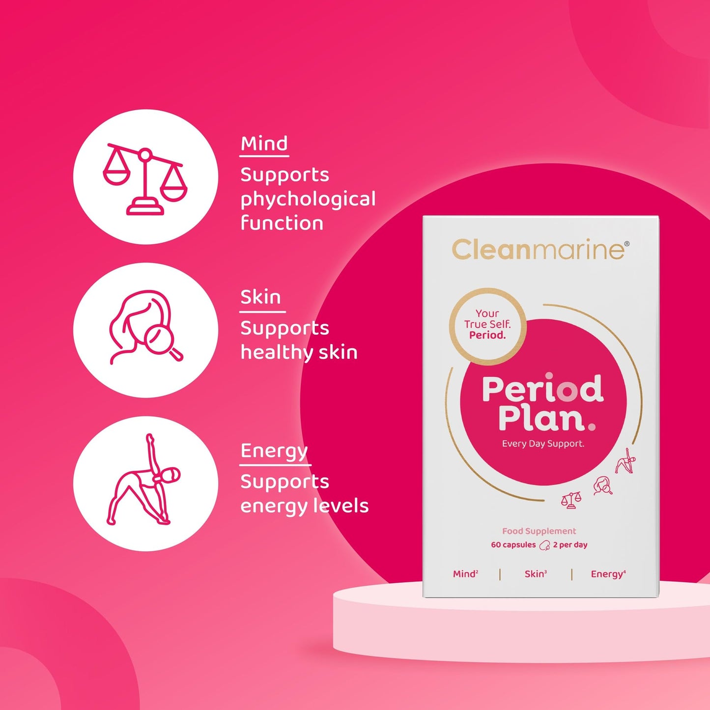 Cleanmarine Period Plan | Unique, All-in-One Blend of Natural Nutrients - Help Balance Your Body’s Daily Needs, All Month Long – Provides Hormonal Support, Plan A for Your Periods - 60 Capsules