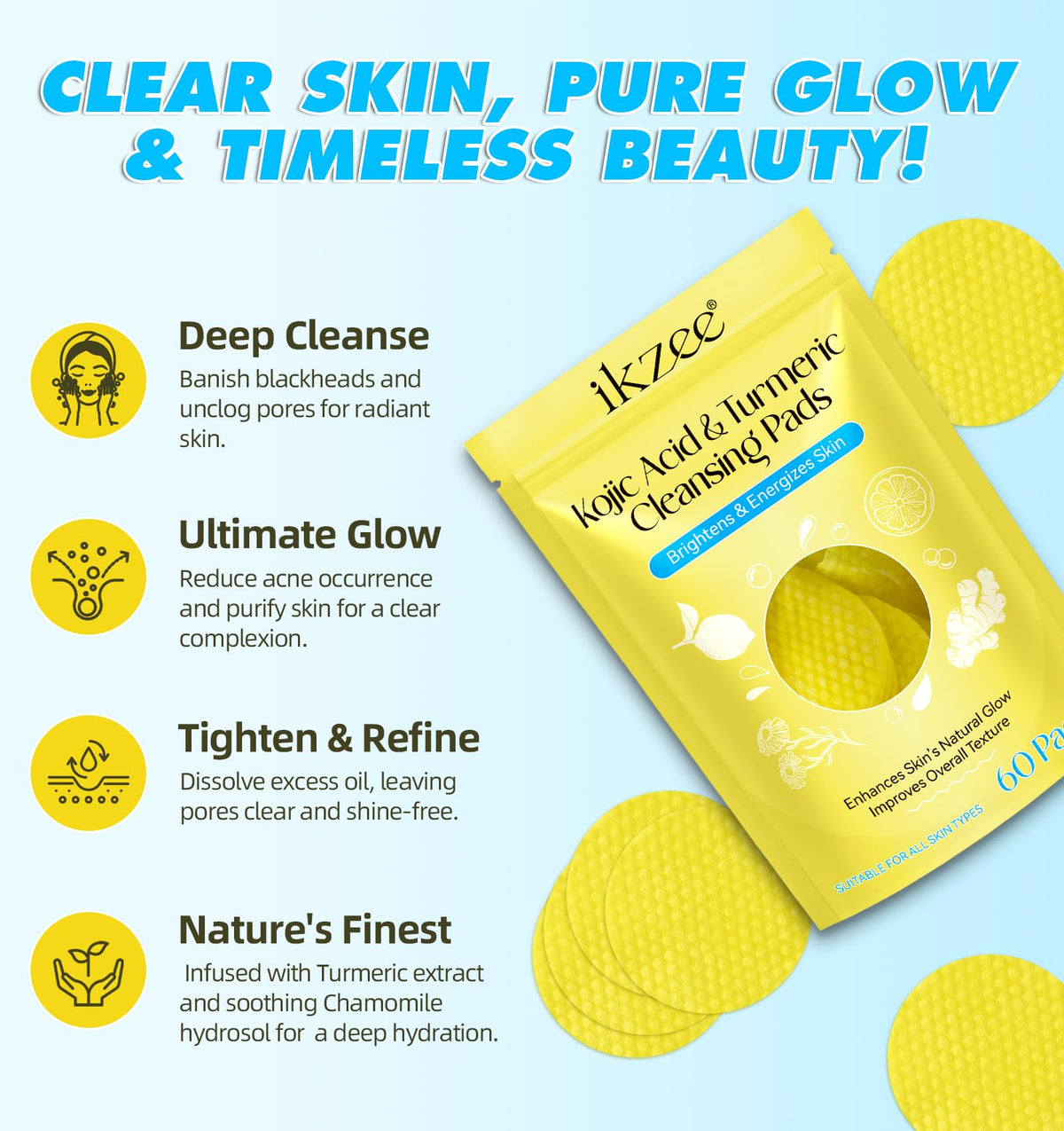 ZyranovaE Kojic Acid Cleansing Pads,Kojic Acid and Turmeric Cleansing Pads for face,Turmeric Kojic Acid Lemon Chamomile Pads with Natural Ingredients,All Skin Types(60 Pads)