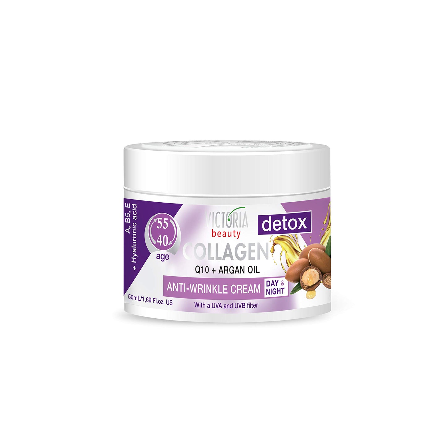 Victoria Beauty Day and Night Anti-Aging Moisturiser with Collagen, Hyaluronic Acid, Q10, Argan Oil, and a UVA/UVB Filter for Ages 40 – 55, Pack of 2 Creams (2 x 50 ml)