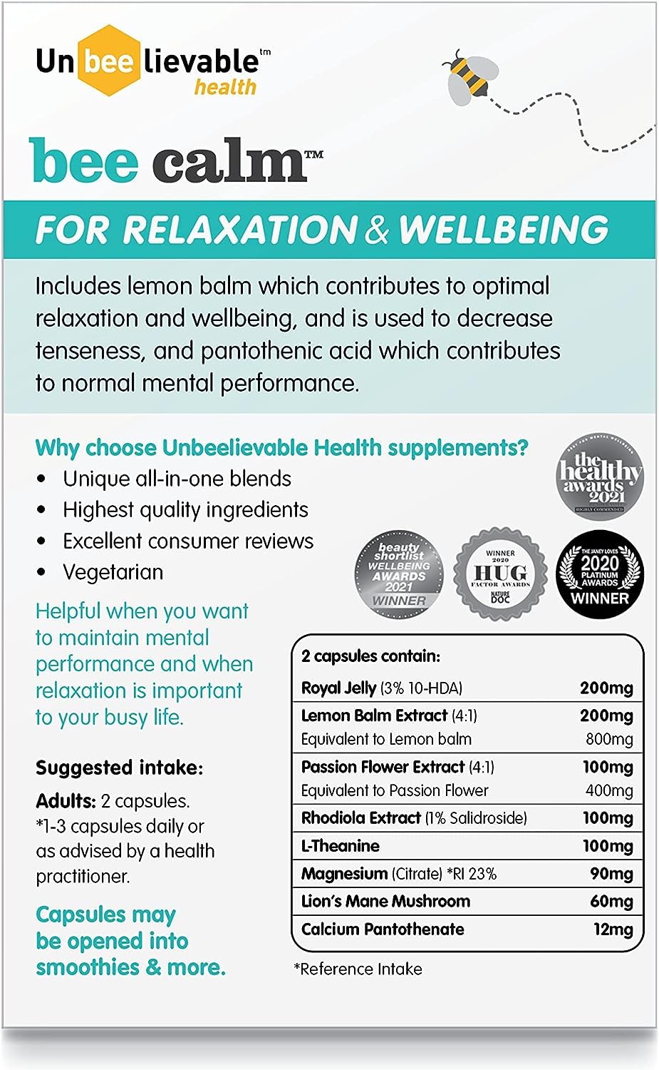 Unbeelievable Health Bee Calm Relaxation and Wellbeing Support - Created by Nutritional Experts – Help Increase Resistance to Stress – Plant Based & Gluten Free (Single Pack)