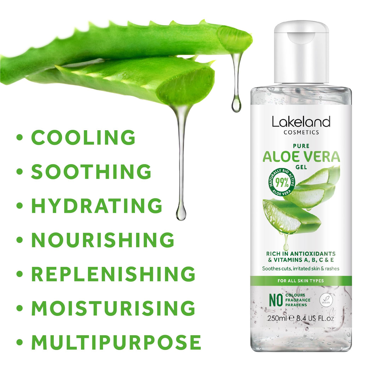 LAKELAND COSMETICS Lakeland Cosmetics Aloe Vera Gel 250ml contains 100% pure natural bio active aloe gel moisturiser, soothes cuts, irritated skin, burns & sunburn relief for face & body great aftersun lotion cream