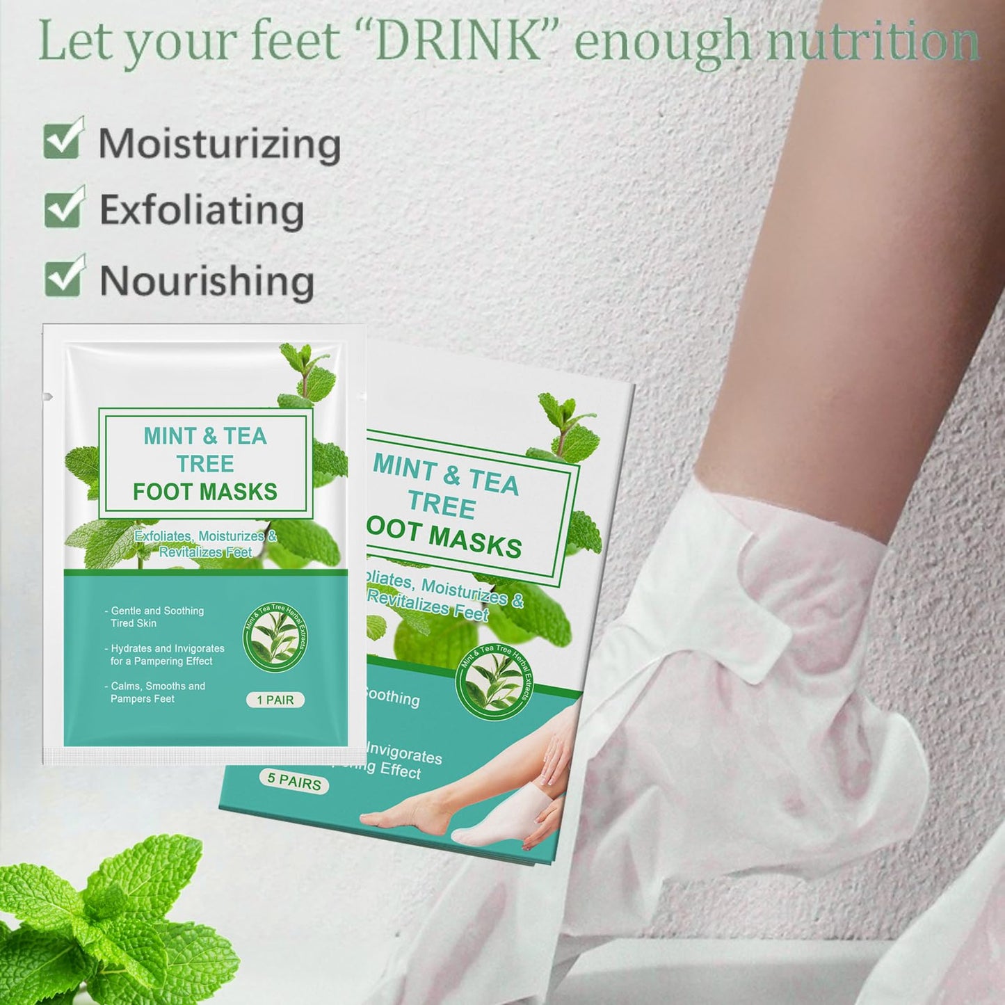 5 Pairs Mint & Tea Tree Foot Peel Mask – Exfoliating Foot Mask for Dry, Cracked Heels – Foot Care Socks for Women & Men - Softens Hard Skin & Hydrates for a Pampering Effect