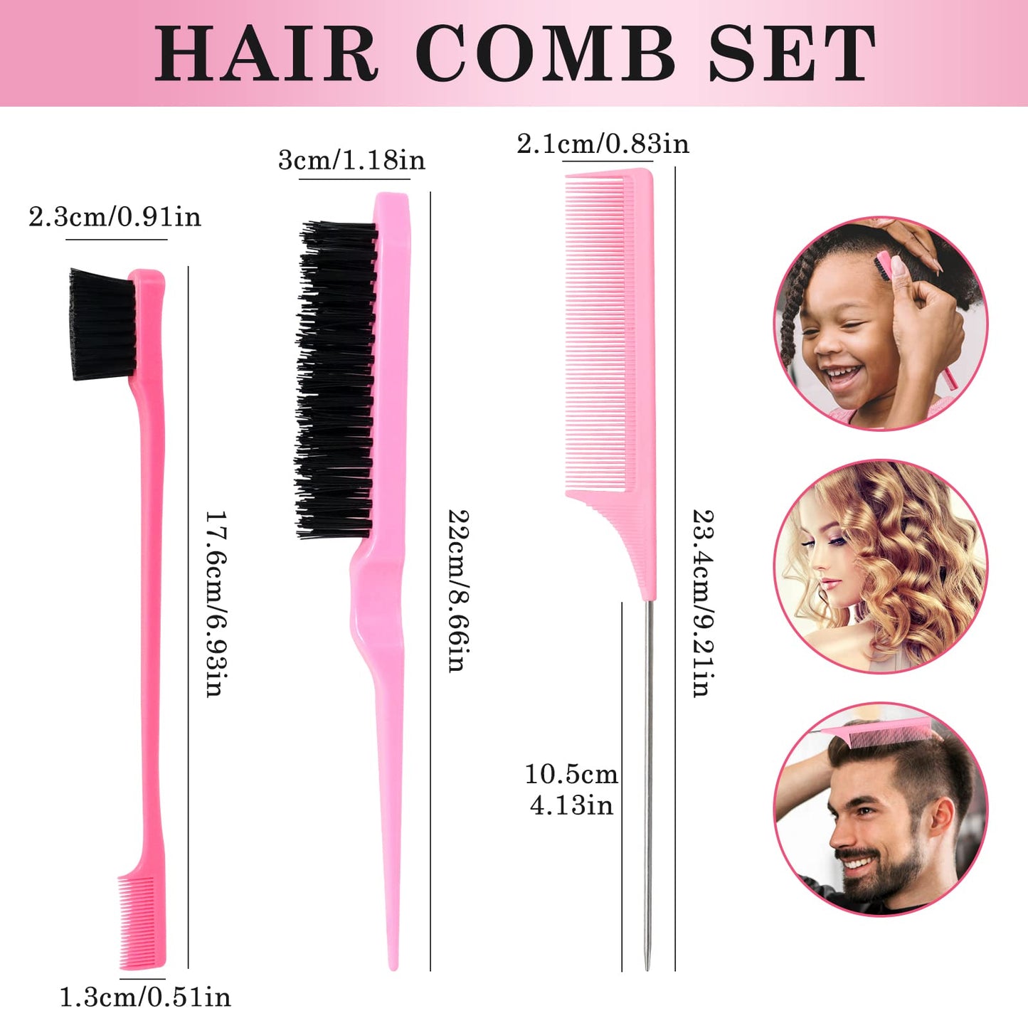 sularpek Sularpek 3 Pcs Slick Brush Set, Plastic Bristle Hair Brush Teasing Comb Edge Hair Brush Teasing Brush Set, Rat Tail Comb Double Sided Edge Brush, for Hairdresser Women Baby Children (Pink)
