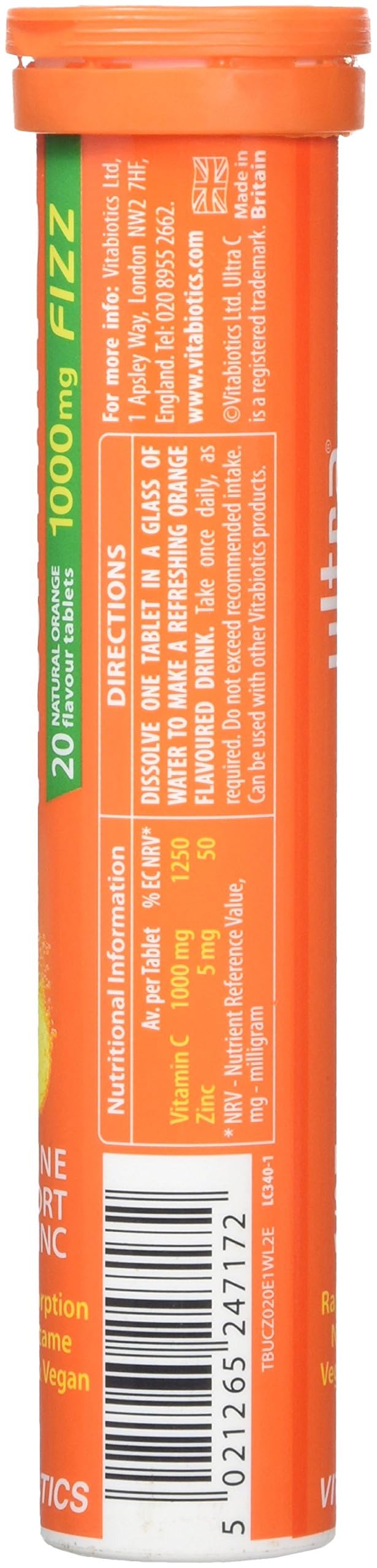 Vitabiotics Ultra Vitamin C Effervescent, Dissolvable with Zinc, Orange Flavour, 20 Tablets, Pack of 1